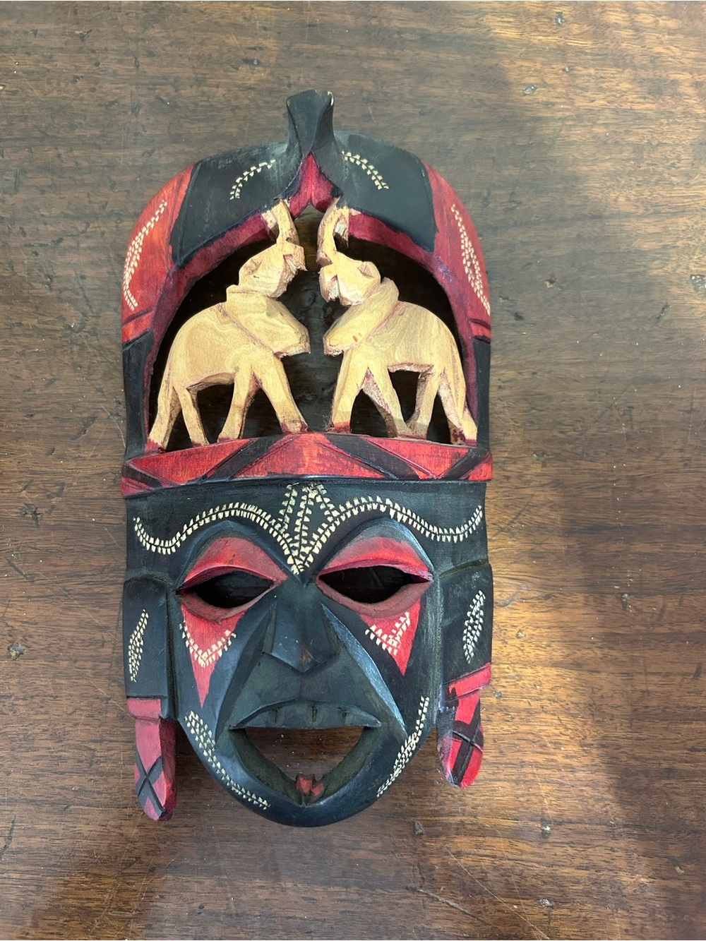 Hand-Carved Wooden Tribal Mask with Elephant Motif - Black & Red